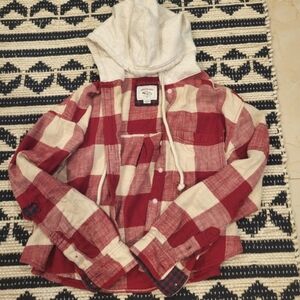 American Eagle Red and White Plaid Hoodie Shirt